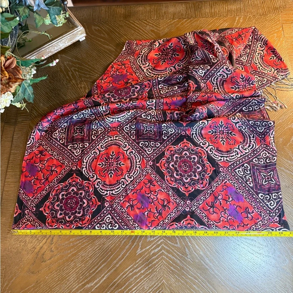 Tolani Silk Scarf in Red and Black with Purple Accents